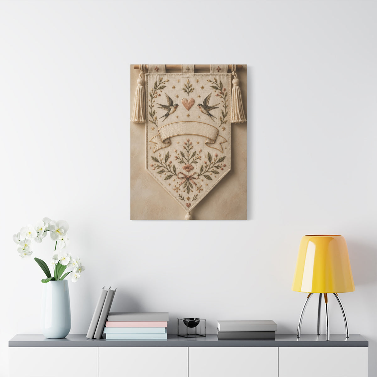 Hand-Embroidered Romantic Birds Textile Wall Art & Canvas Print
