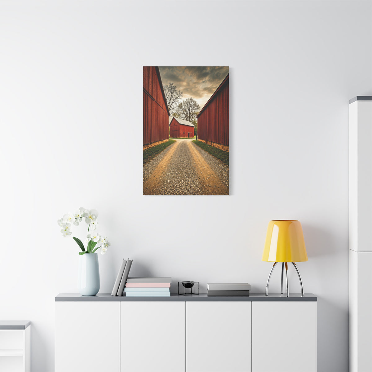 Country Lane Between Red Barns Wall Art & Canvas Prints