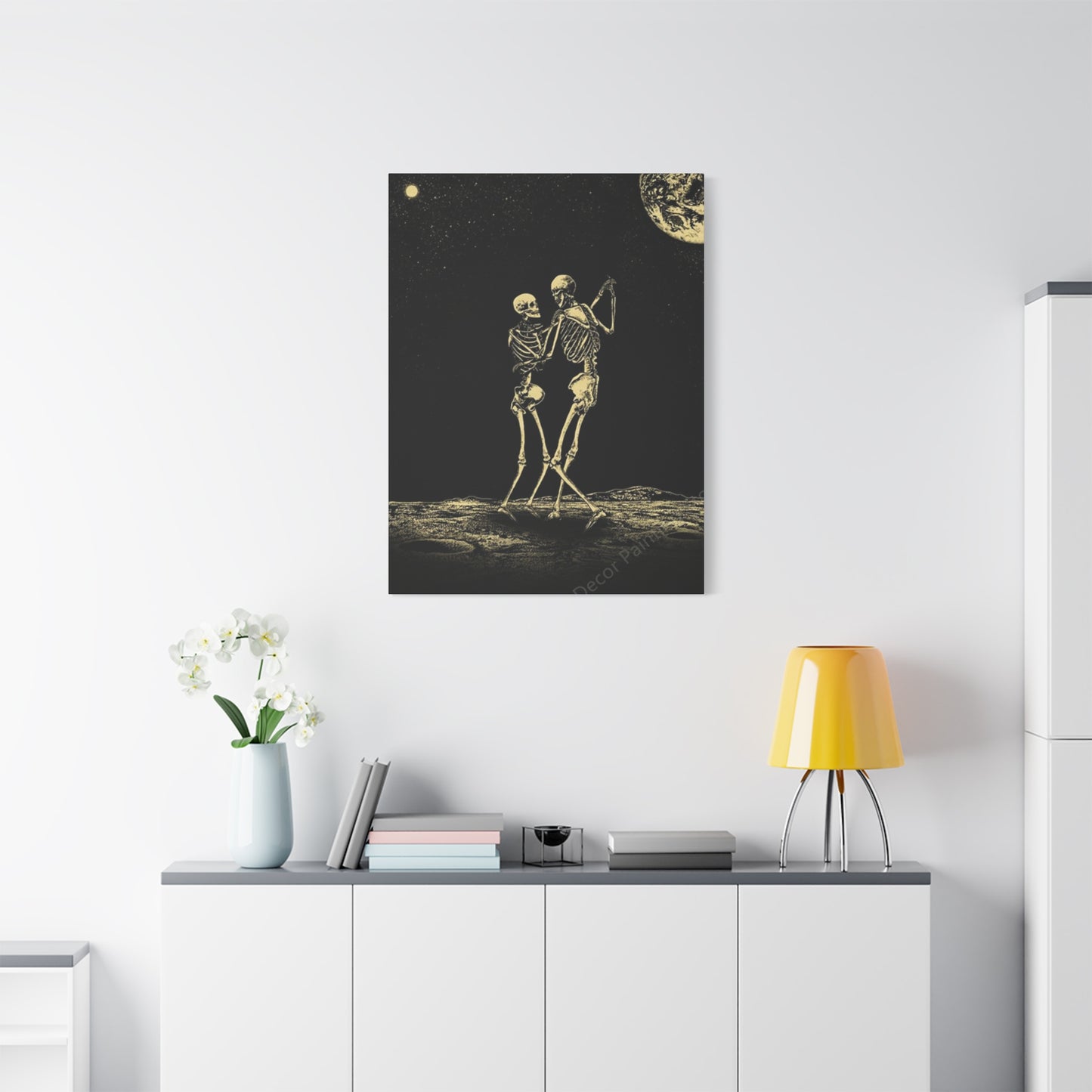 Dancing Skeleton On Moon Wall Art & Canvas Prints