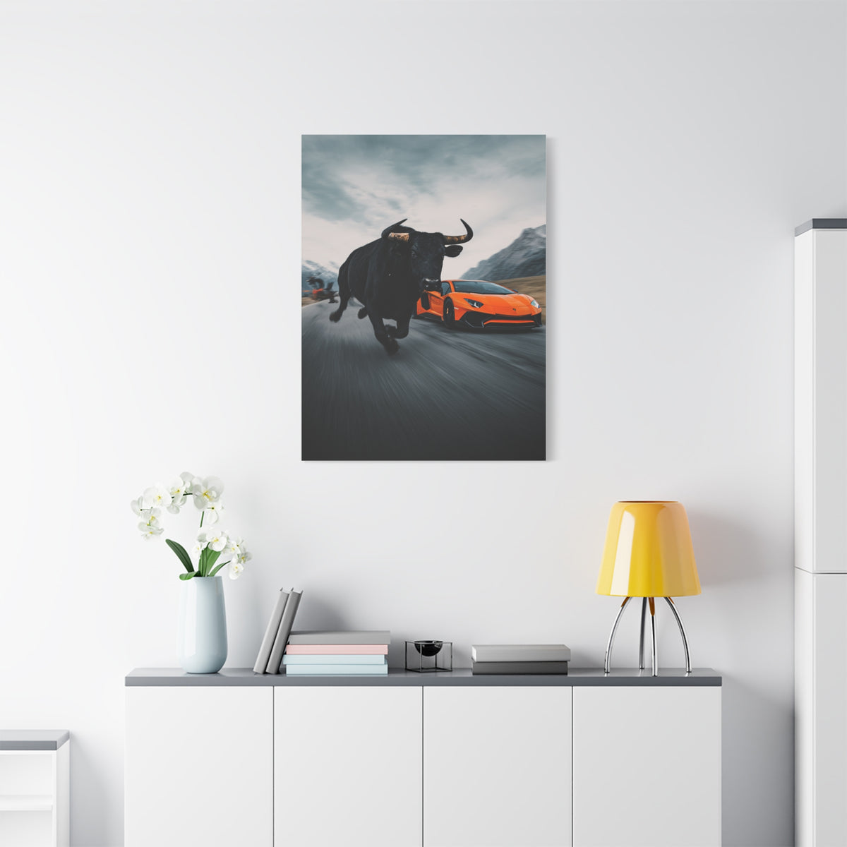 Charging Bull vs Lamborghini Aventador Power Duel Wall Art & Canvas Print