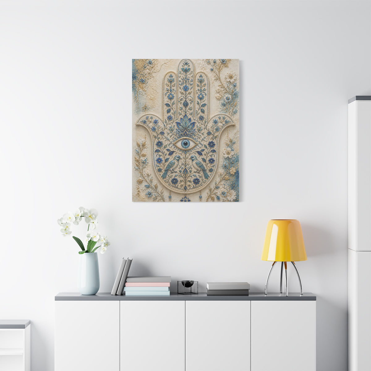 Blue Floral Hamsa Sacred Symbol Wall Art & Canvas Print