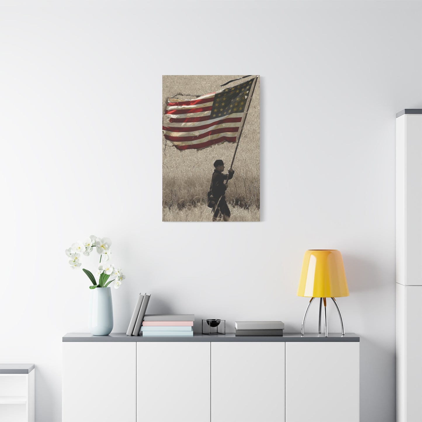 Man Carrying Flag Range Wall Art & Canvas Prints