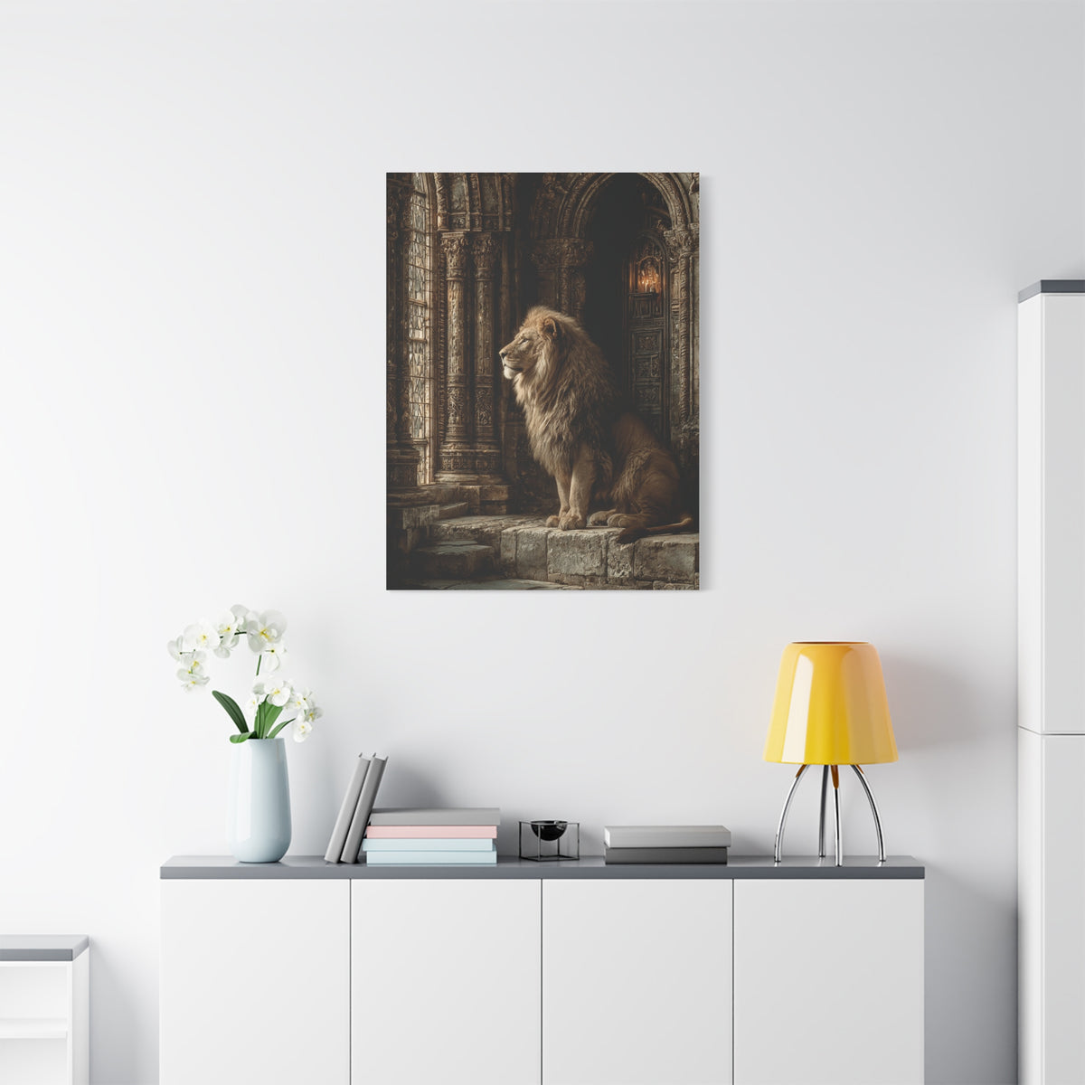 Lion in Ancient Stone Hall Royal Guardian Wall Art & Canvas Print