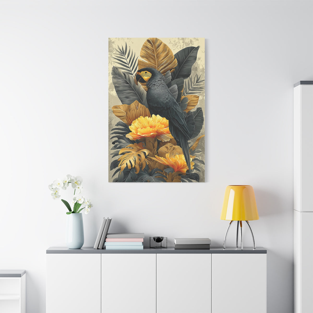 Black and Gold Tropical Parrot Wall Art & Canvas Print