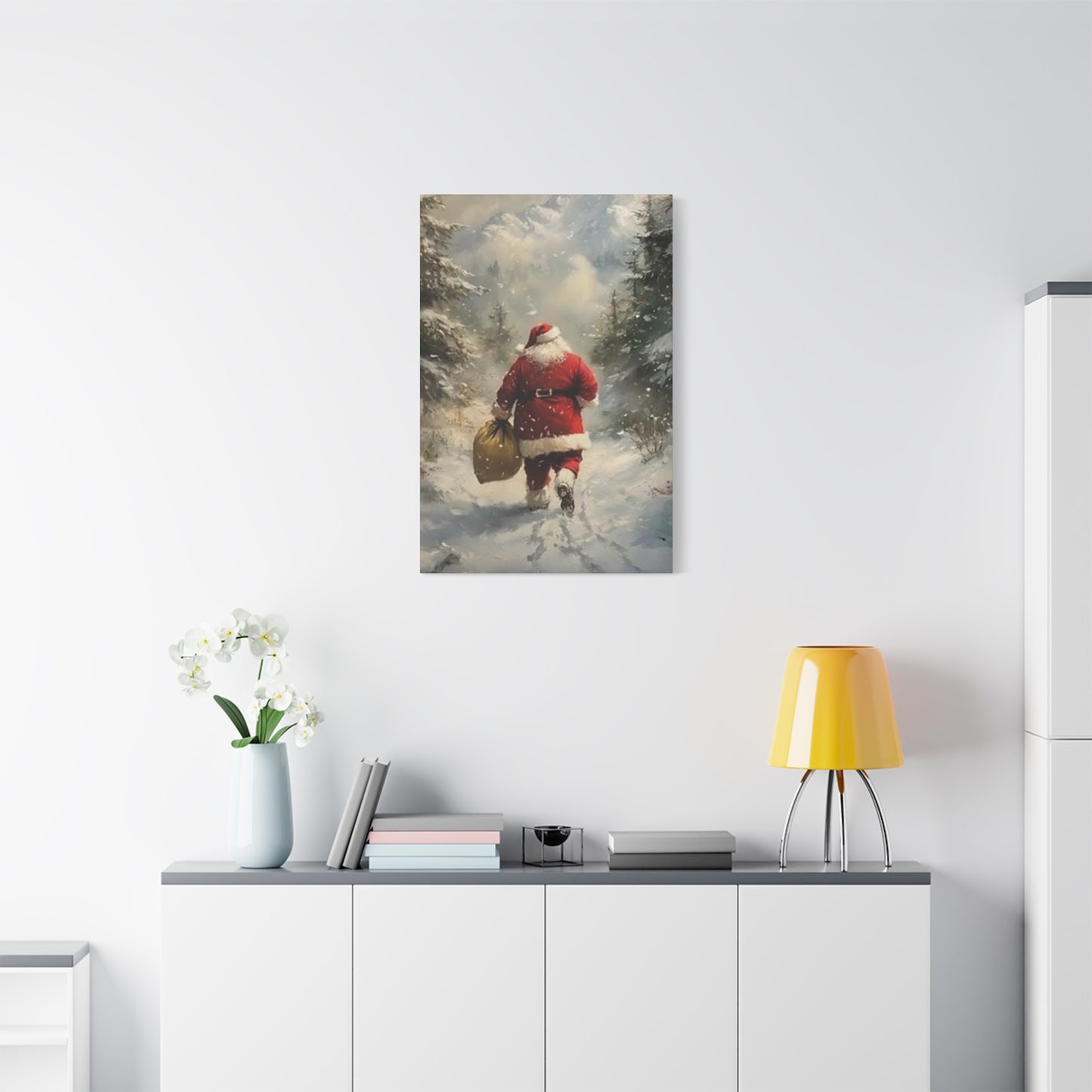 Santa Claus Running In Snow Wall Art & Canvas Prints