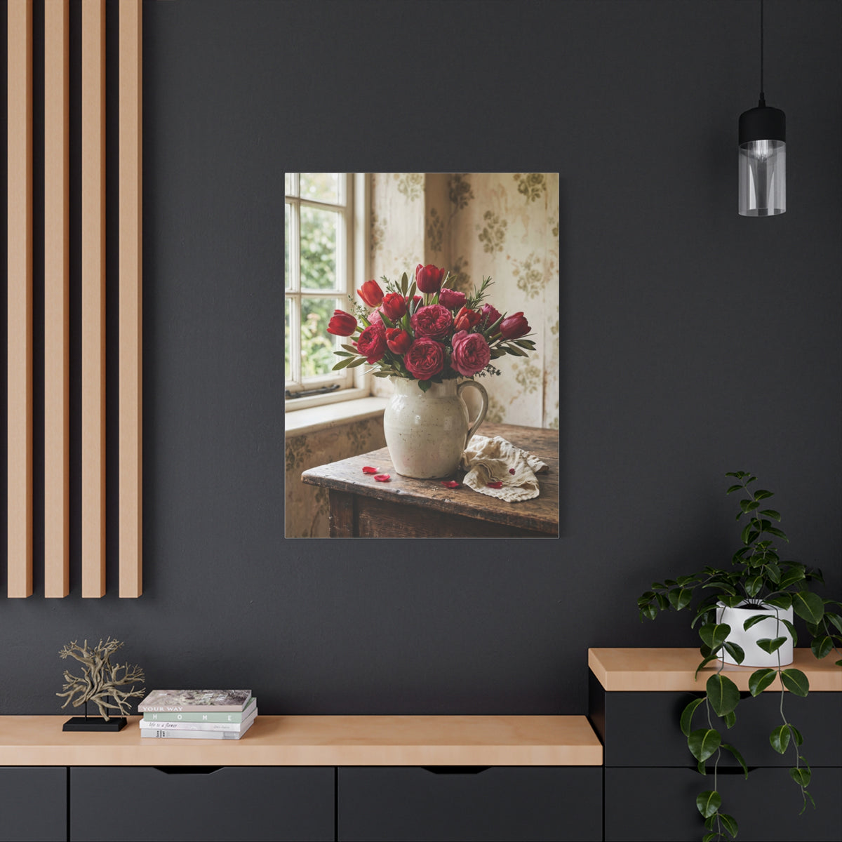 English Cottage Red Tulip Still Life Wall Art & Canvas Print