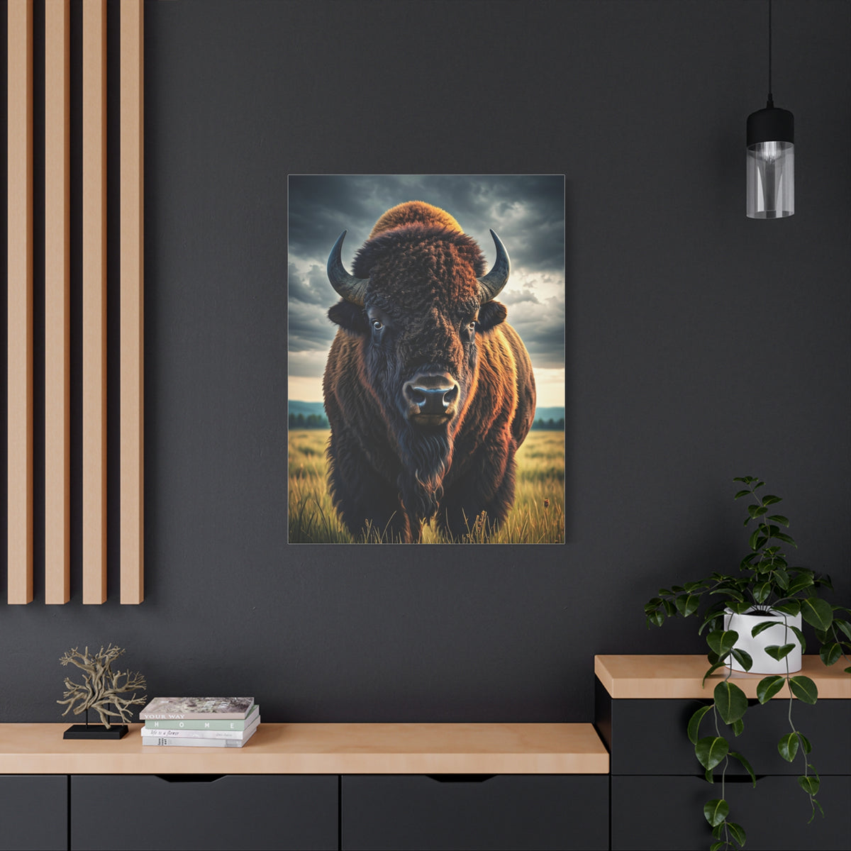 Bison Under Storm Clouds Prairie Portrait Wall Art & Canvas Print