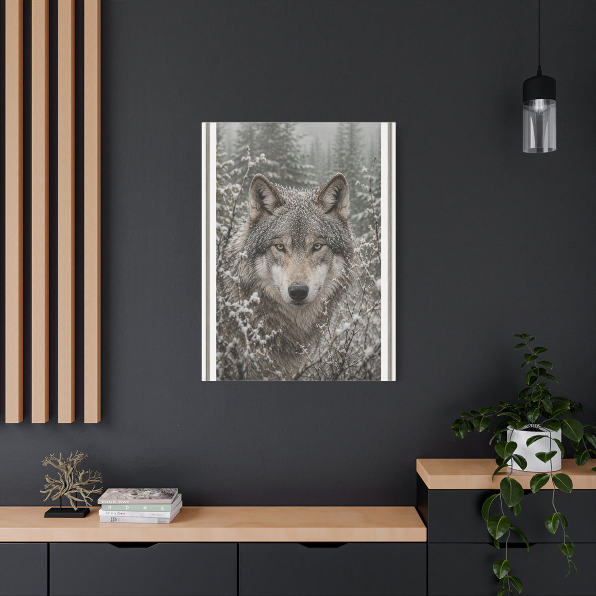 Snow Forest Gray Wolf Framed Portrait Wall Art & Canvas Print