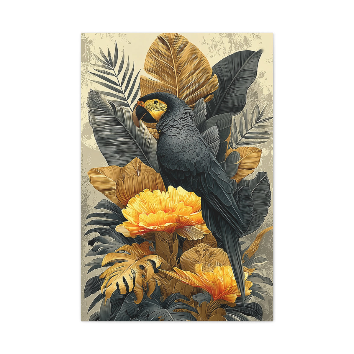Black and Gold Tropical Parrot Wall Art & Canvas Print