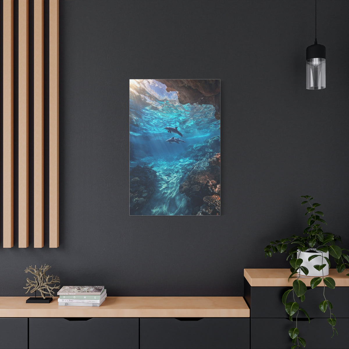 Dolphins Swimming Beneath Sunlit Ocean Waters Wall Art & Canvas Print