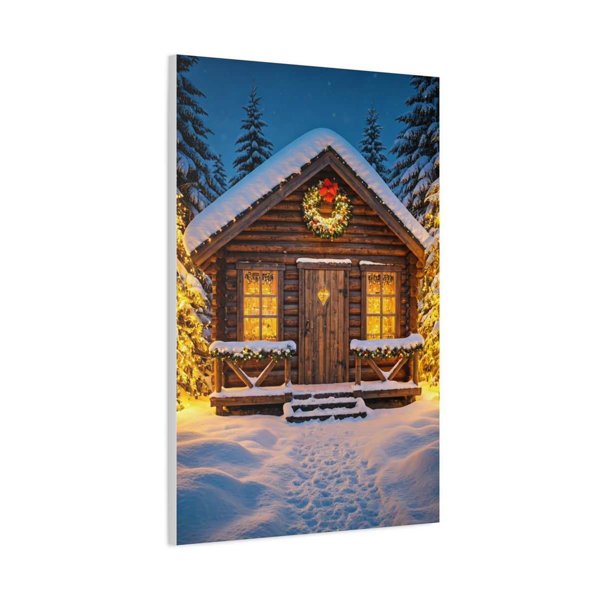 Cozy Snowy Christmas Cabin Among Pine Trees Wall Art & Canvas Print
