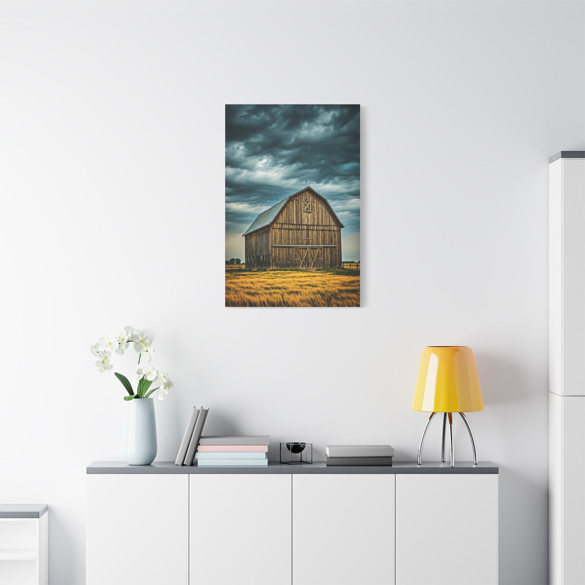 Classic Wooden Barn Beneath Rolling Clouds Wall Art & Canvas Prints