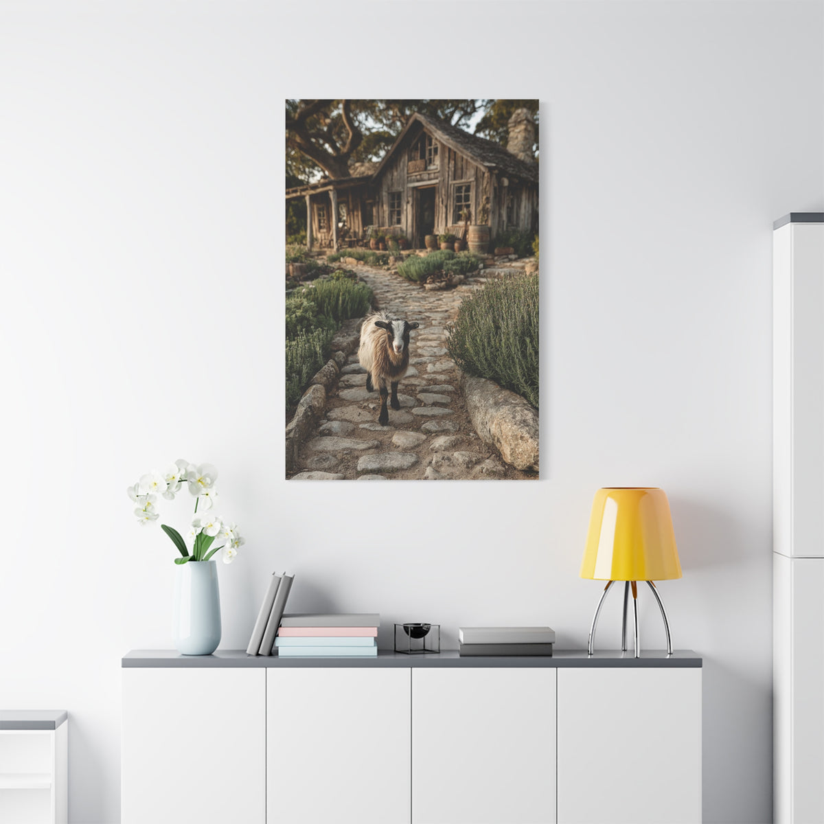 Farmhouse Garden Path with Goat Wall Art & Canvas Print