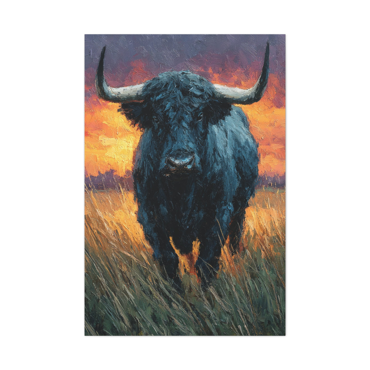 Majestic Bull at Sunset Oil Painting Wall Art & Canvas Print