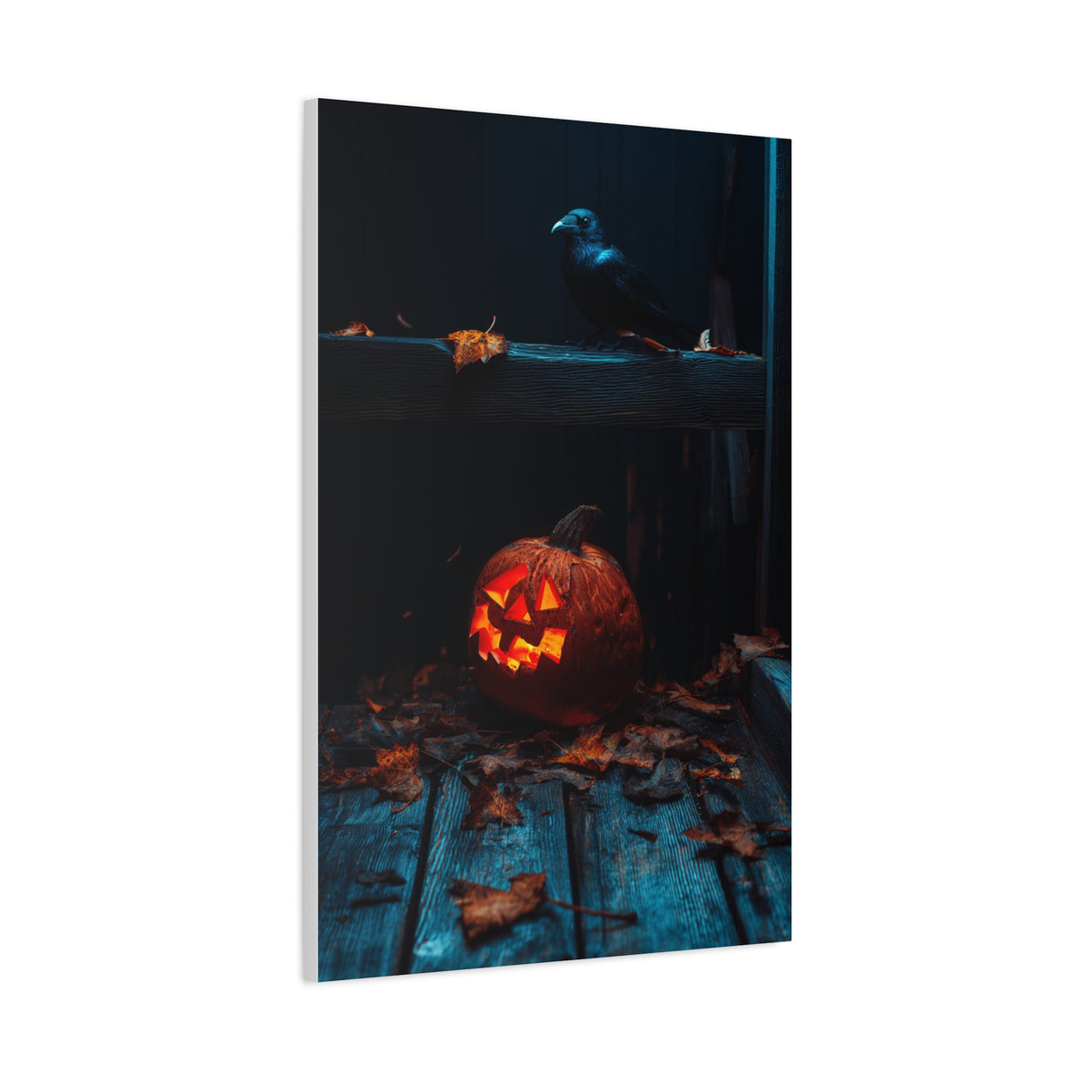 Jack-O’-Lantern and Crow on Moonlit Porch Wall Art & Canvas Print
