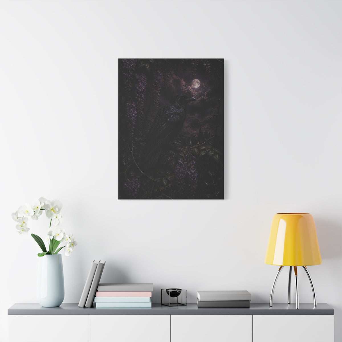 Raven in Wisteria Moonlit Scene Wall Art & Canvas Print