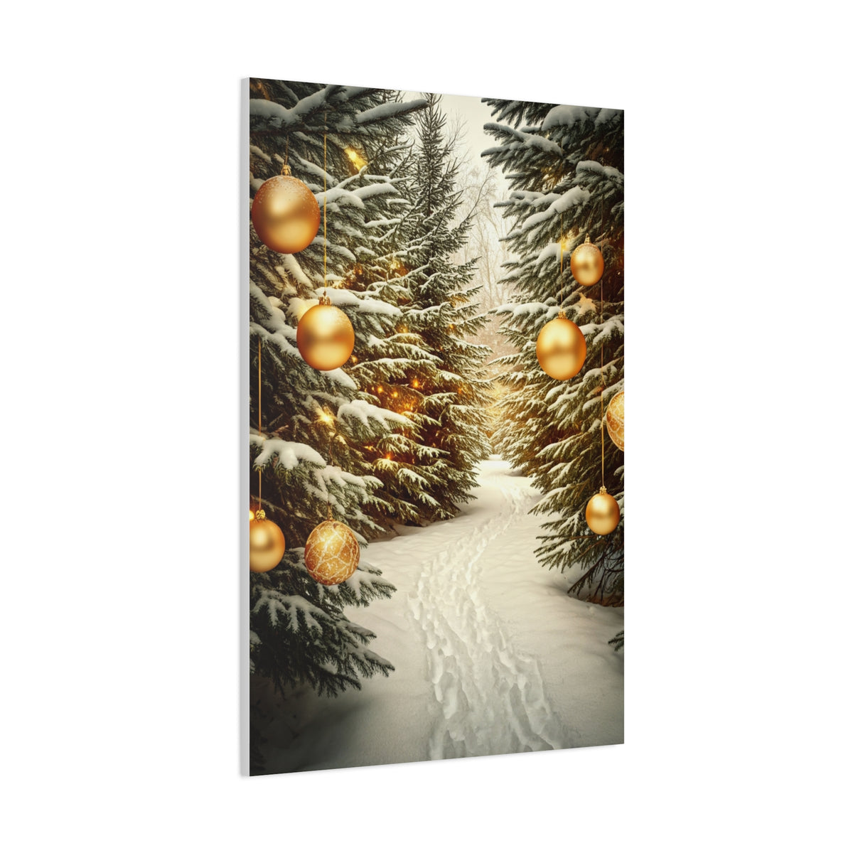 Snowy Pine Path With Golden Christmas Ornaments Wall Art & Canvas Print
