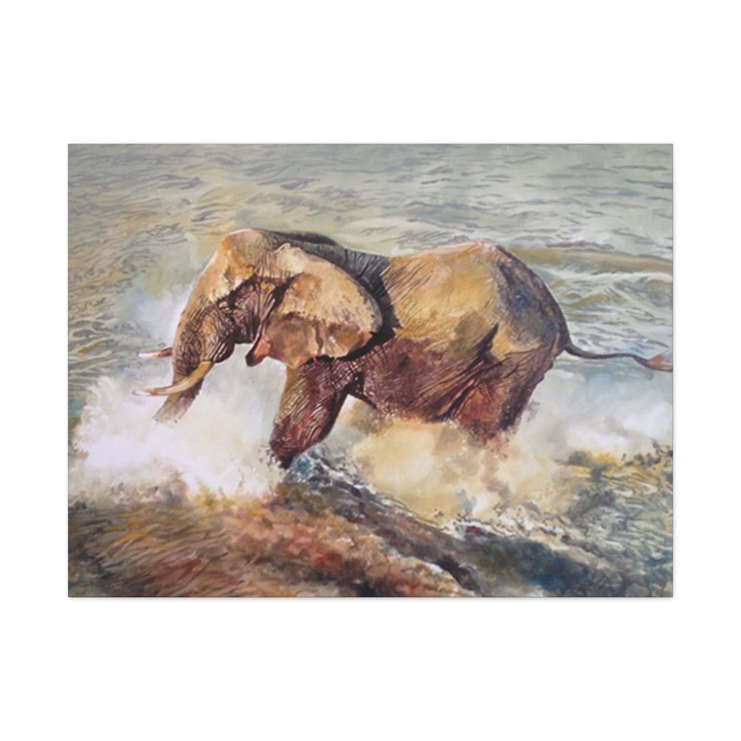 Bathing Elephant Wildlife Painting Wall Art & Canvas Prints