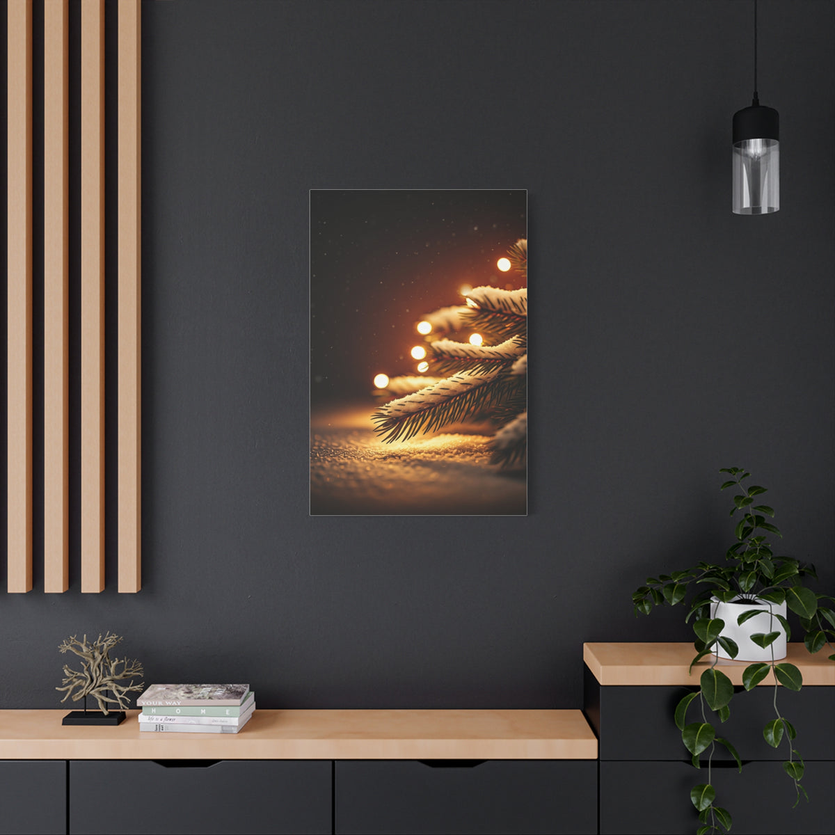 Snowy Pine Branch Fairy Lights Wall Art & Canvas Print