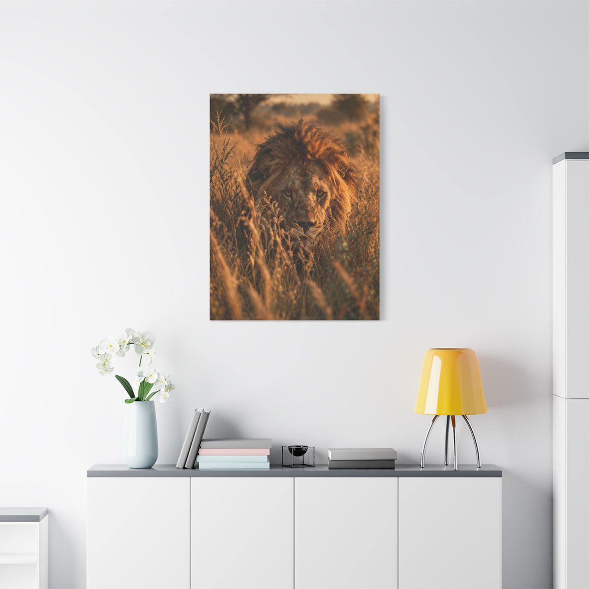 Lion Stalking Through Savannah Grass Wall Art & Canvas Print