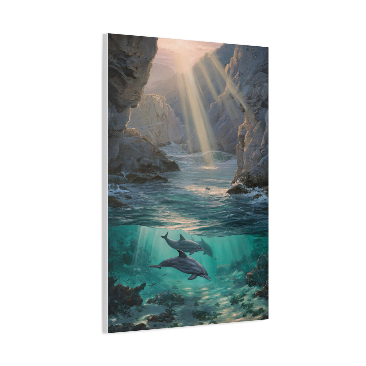Dolphins Swimming Beneath Sunlit Coastal Waters Wall Art & Canvas Print