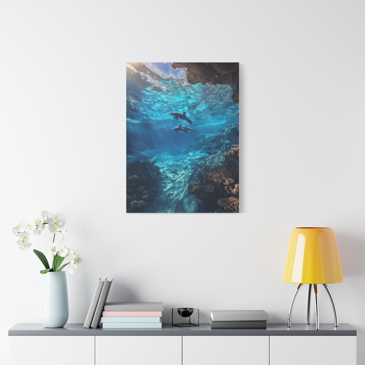 Dolphins Swimming Beneath Sunlit Ocean Waters Wall Art & Canvas Print