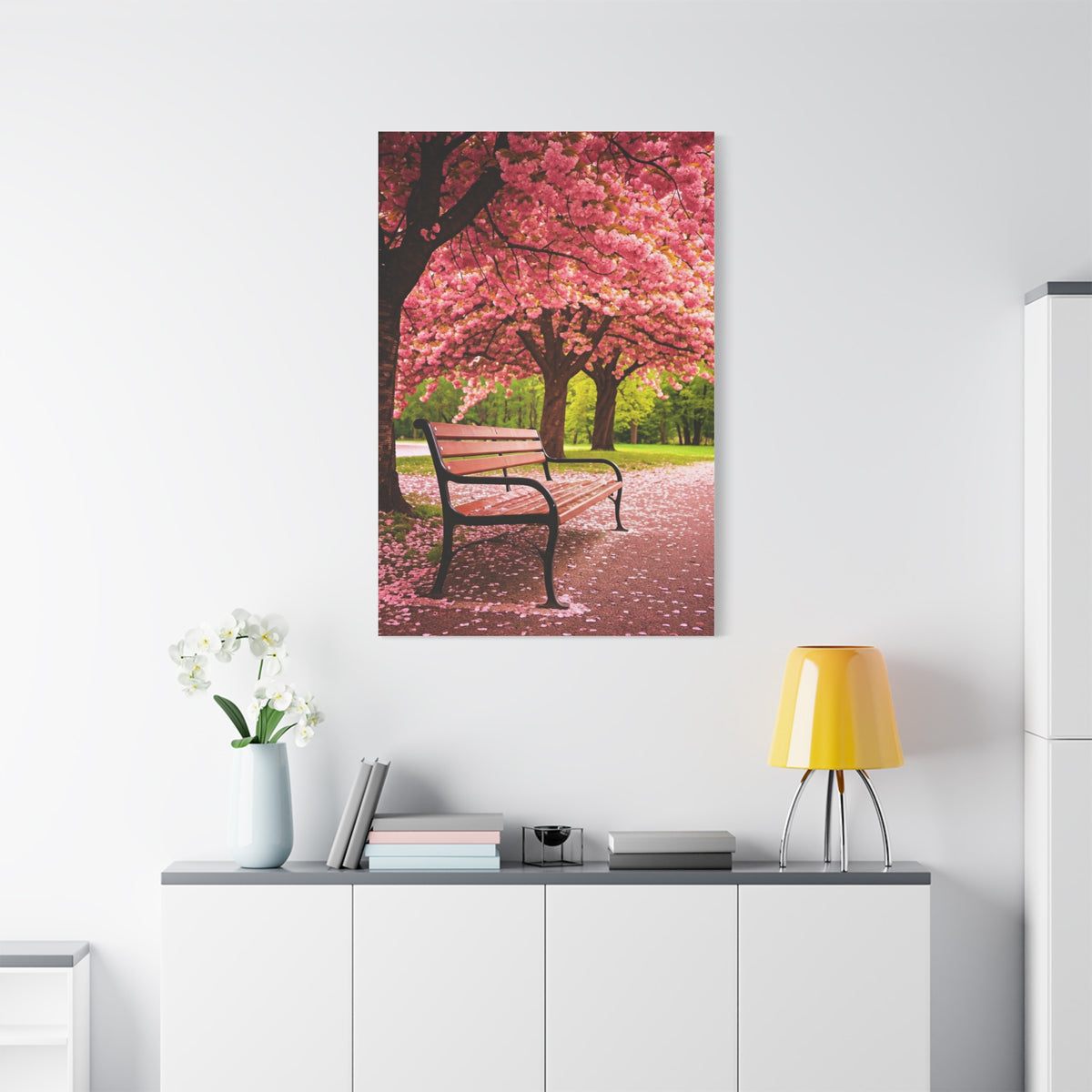 Cherry Blossom Park Bench Serenity Wall Art & Canvas Prints