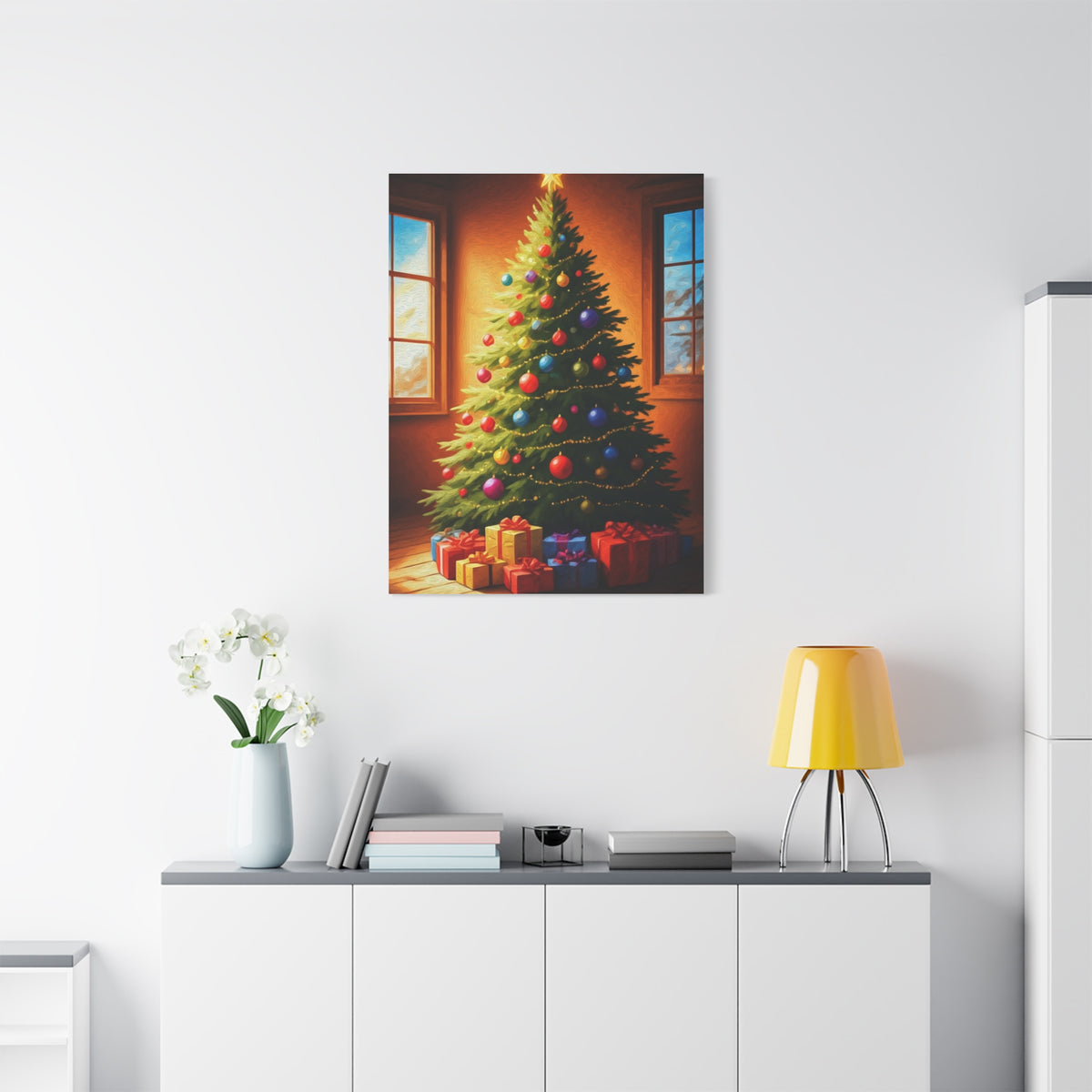 Hand Painted Christmas Tree With Colorful Ornaments Wall Art & Canvas Print
