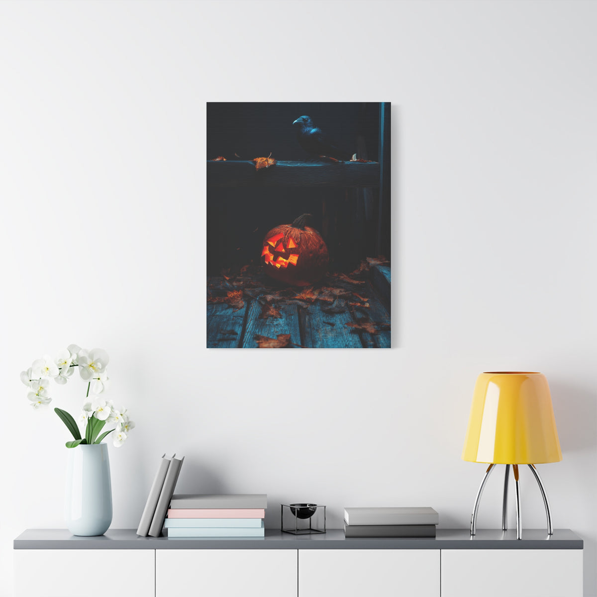 Jack-O’-Lantern and Crow on Moonlit Porch Wall Art & Canvas Print