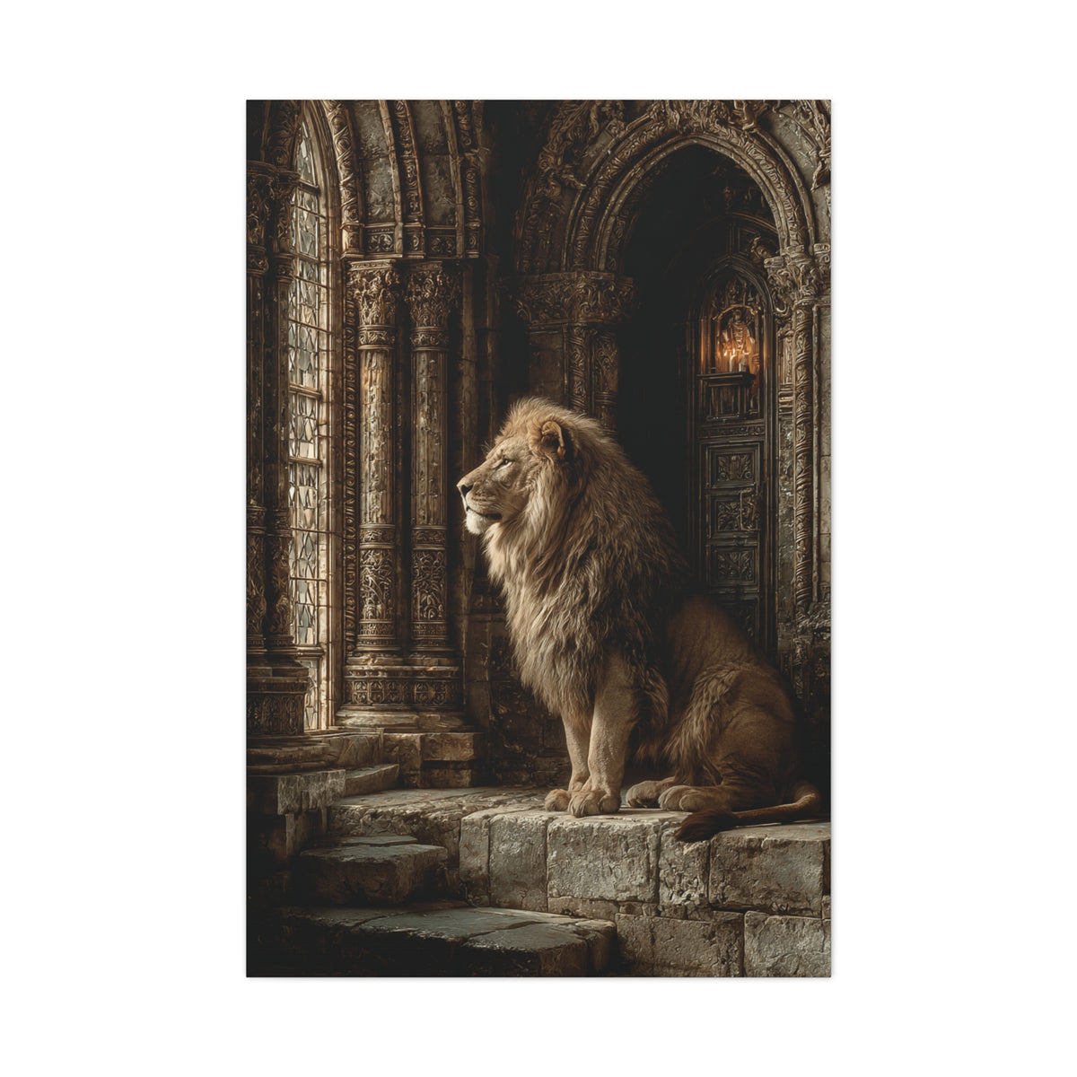 Lion in Ancient Stone Hall Royal Guardian Wall Art & Canvas Print