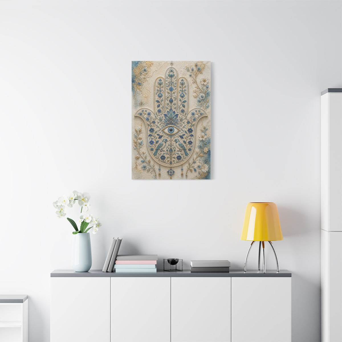 Blue Floral Hamsa Sacred Symbol Wall Art & Canvas Print