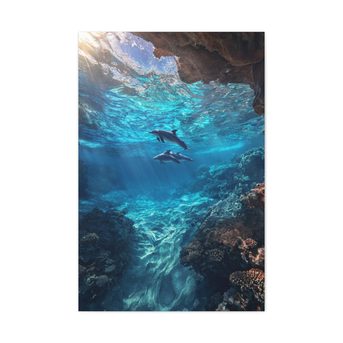 Dolphins Swimming Beneath Sunlit Ocean Waters Wall Art & Canvas Print
