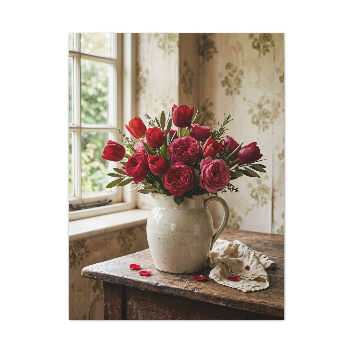 English Cottage Red Tulip Still Life Wall Art & Canvas Print
