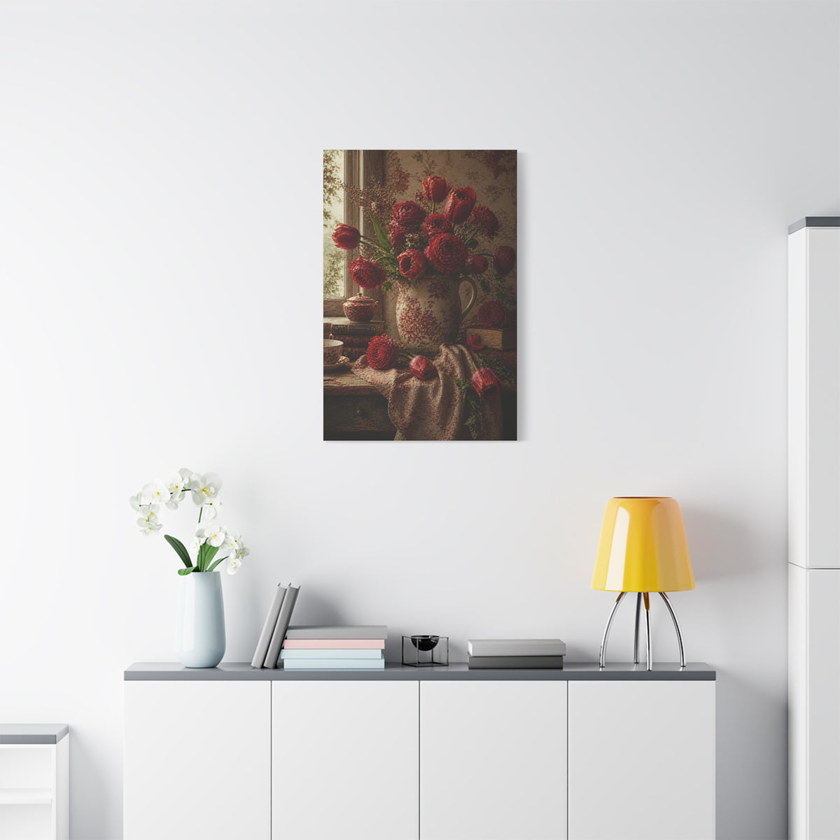 English Cottage Red Floral Still Life Wall Art & Canvas Print