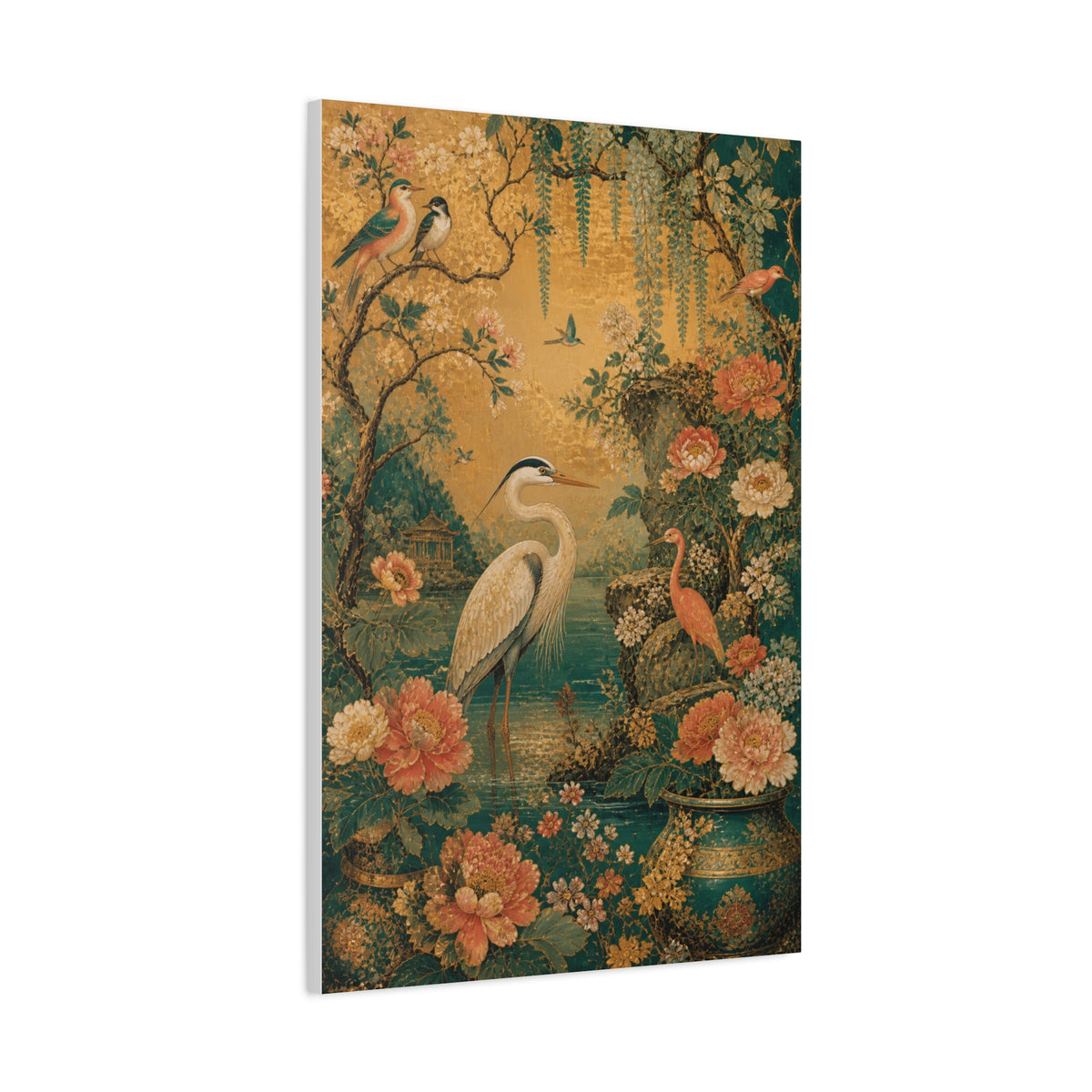 Golden Chinoiserie Garden Scene Wall Art & Canvas Print
