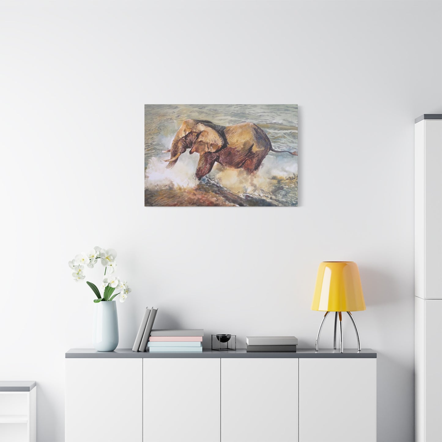 Bathing Elephant Wildlife Painting Wall Art & Canvas Prints