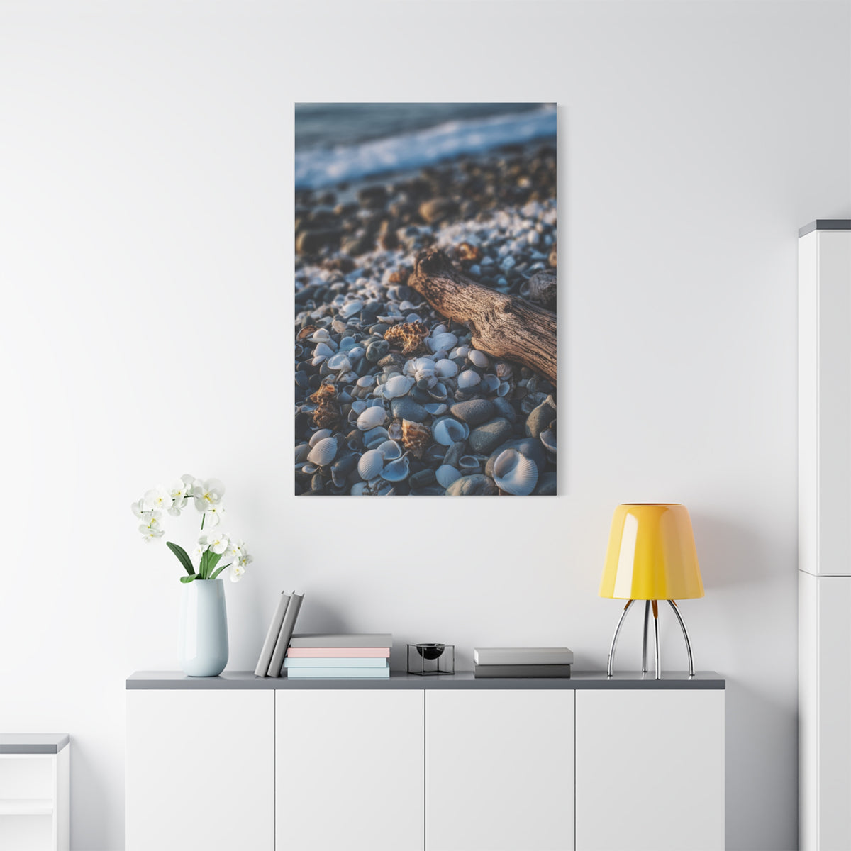 Rocky Shoreline with Seashells and Driftwood Wall Art & Canvas Print