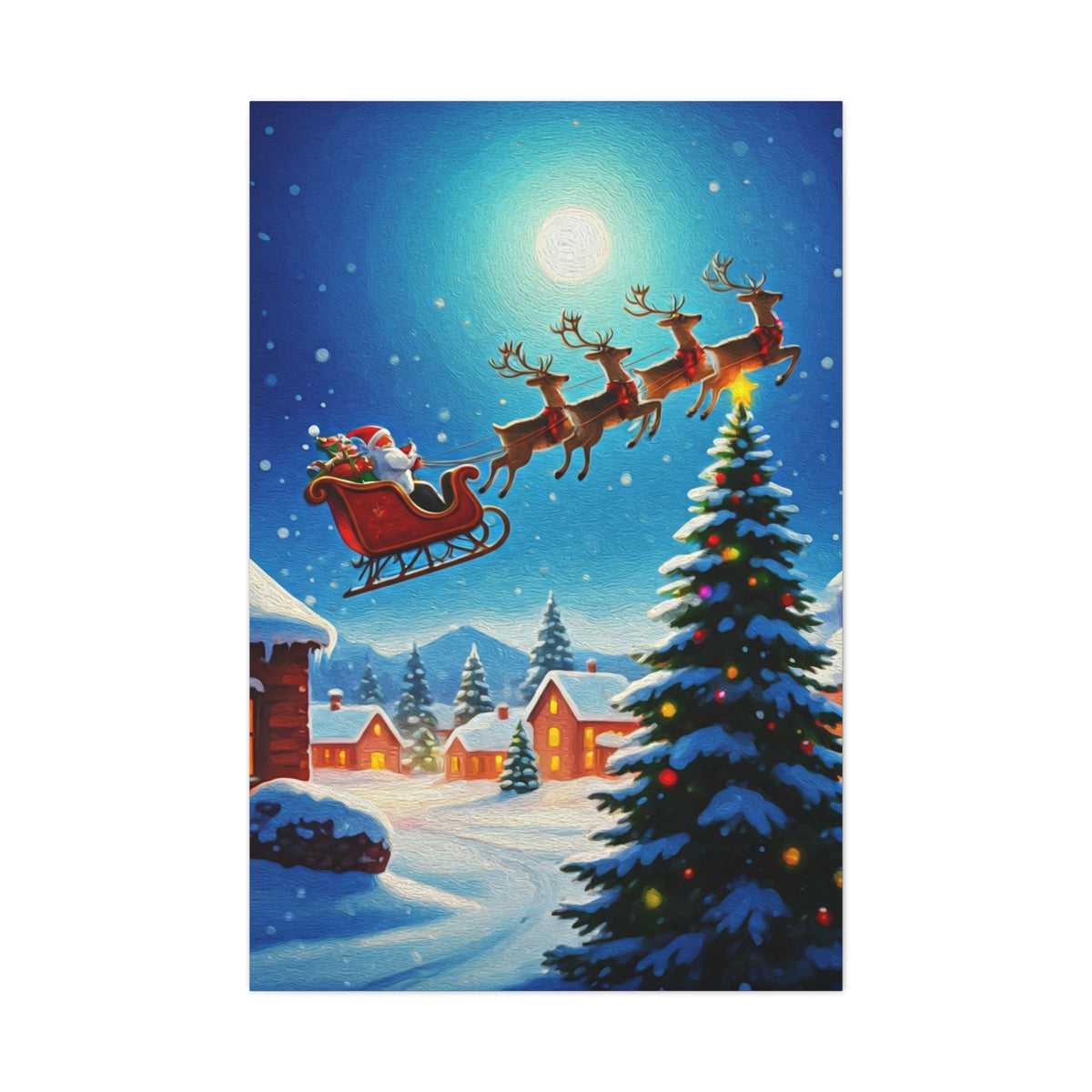 Santa Sleigh Flying Over Snowy Christmas Village Wall Art & Canvas Print