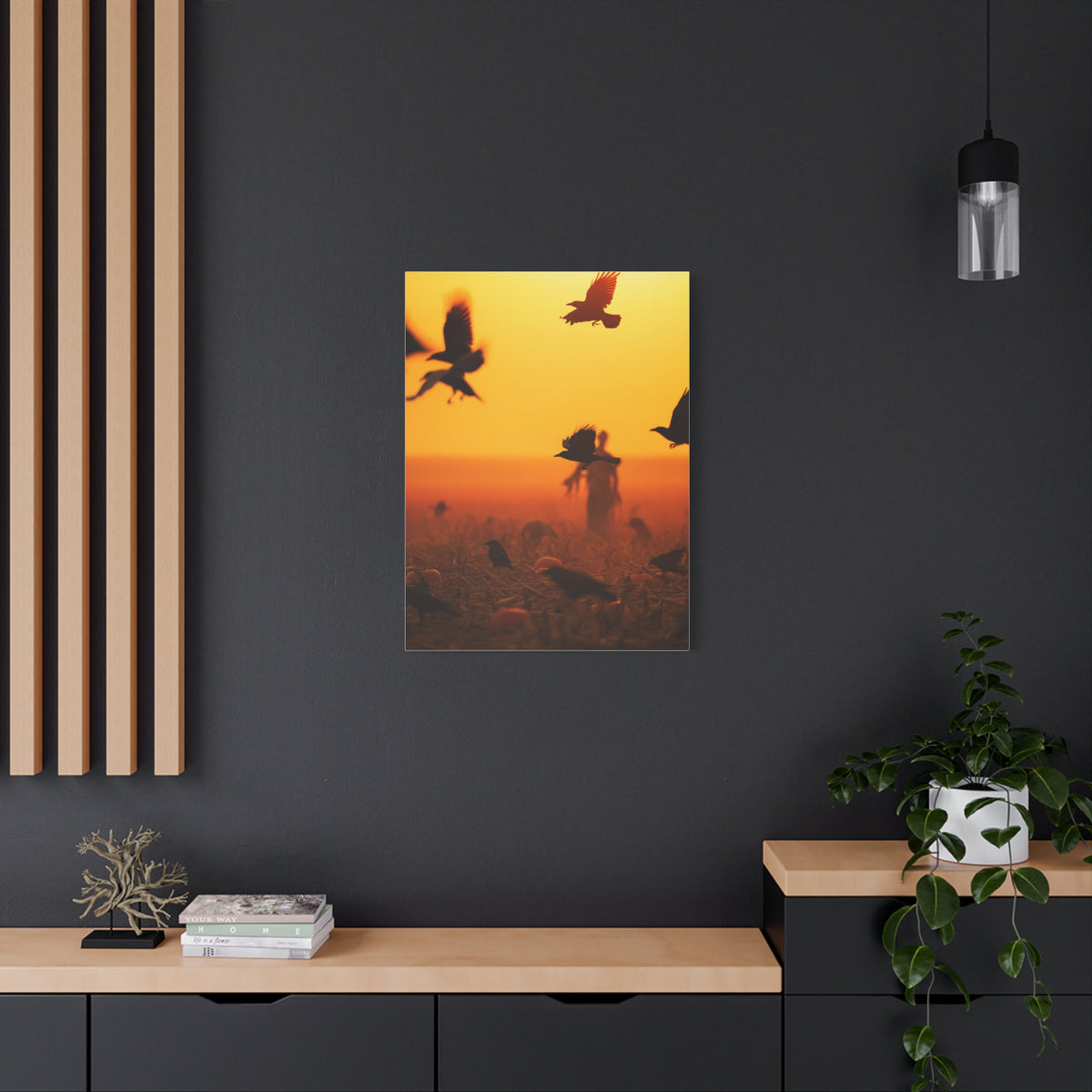 Crows Rising Over Pumpkin Field at Sunset Wall Art & Canvas Print