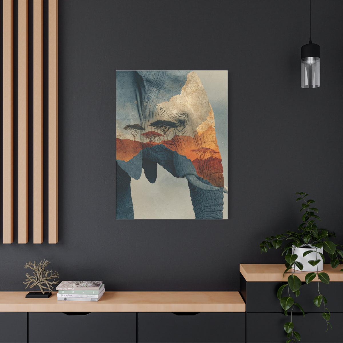 African Landscape Double Exposure Elephant Wall Art & Canvas Print