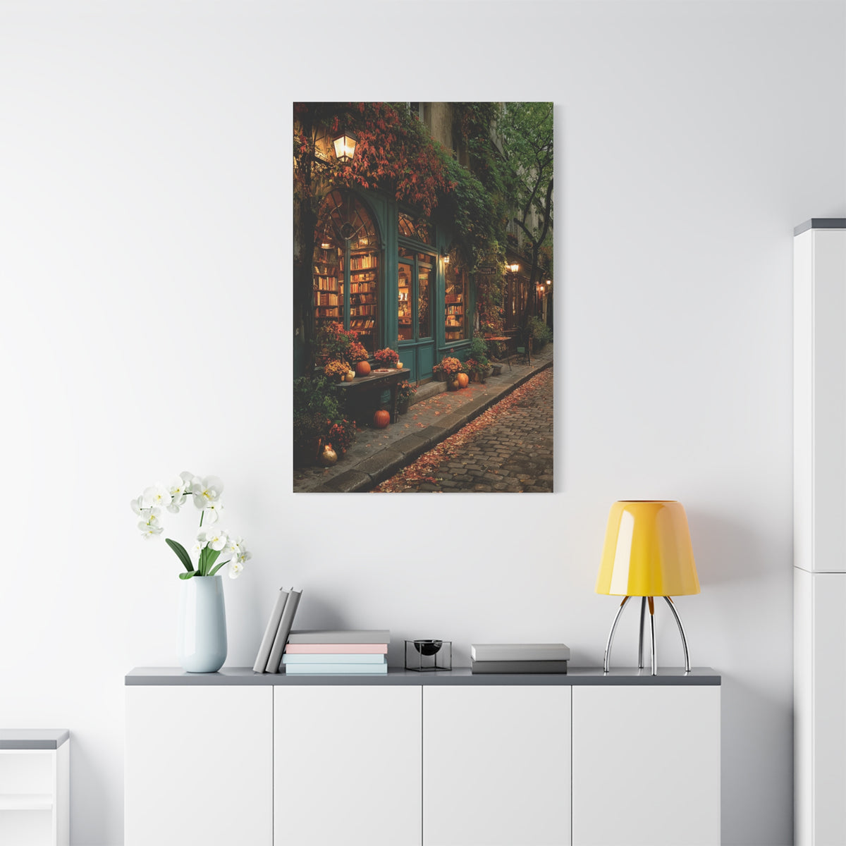 Autumn Bookshop Street Scene Wall Art & Canvas Print
