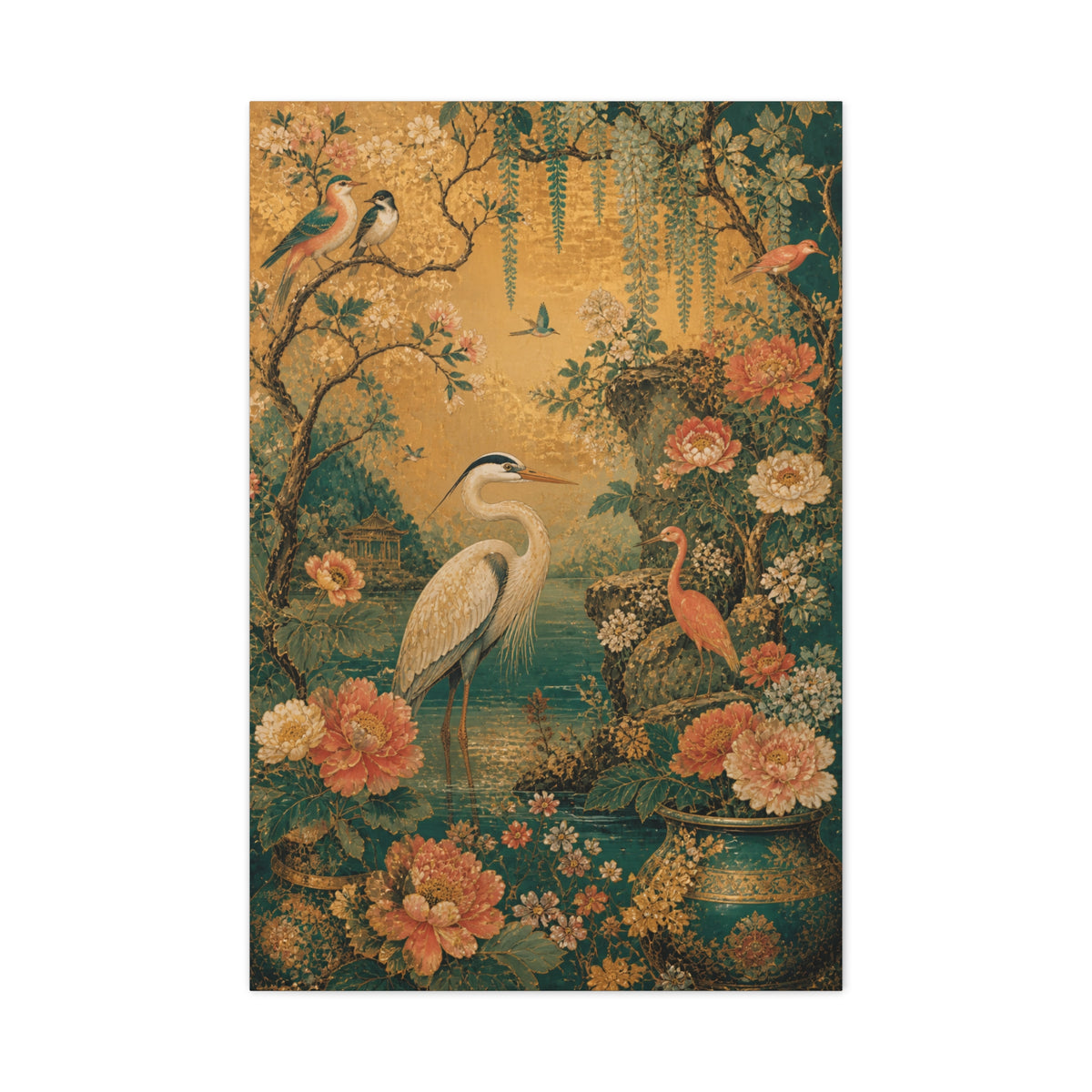 Golden Chinoiserie Garden Scene Wall Art & Canvas Print