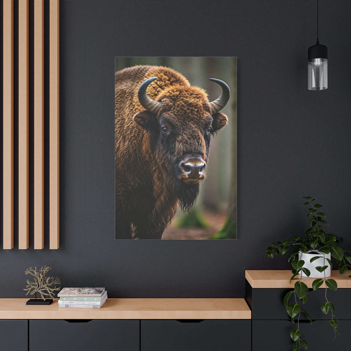 Wood Bison Close-Up with Soft Forest Backdrop Wall Art & Canvas Print