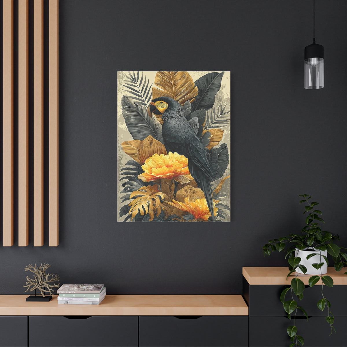 Black and Gold Tropical Parrot Wall Art & Canvas Print