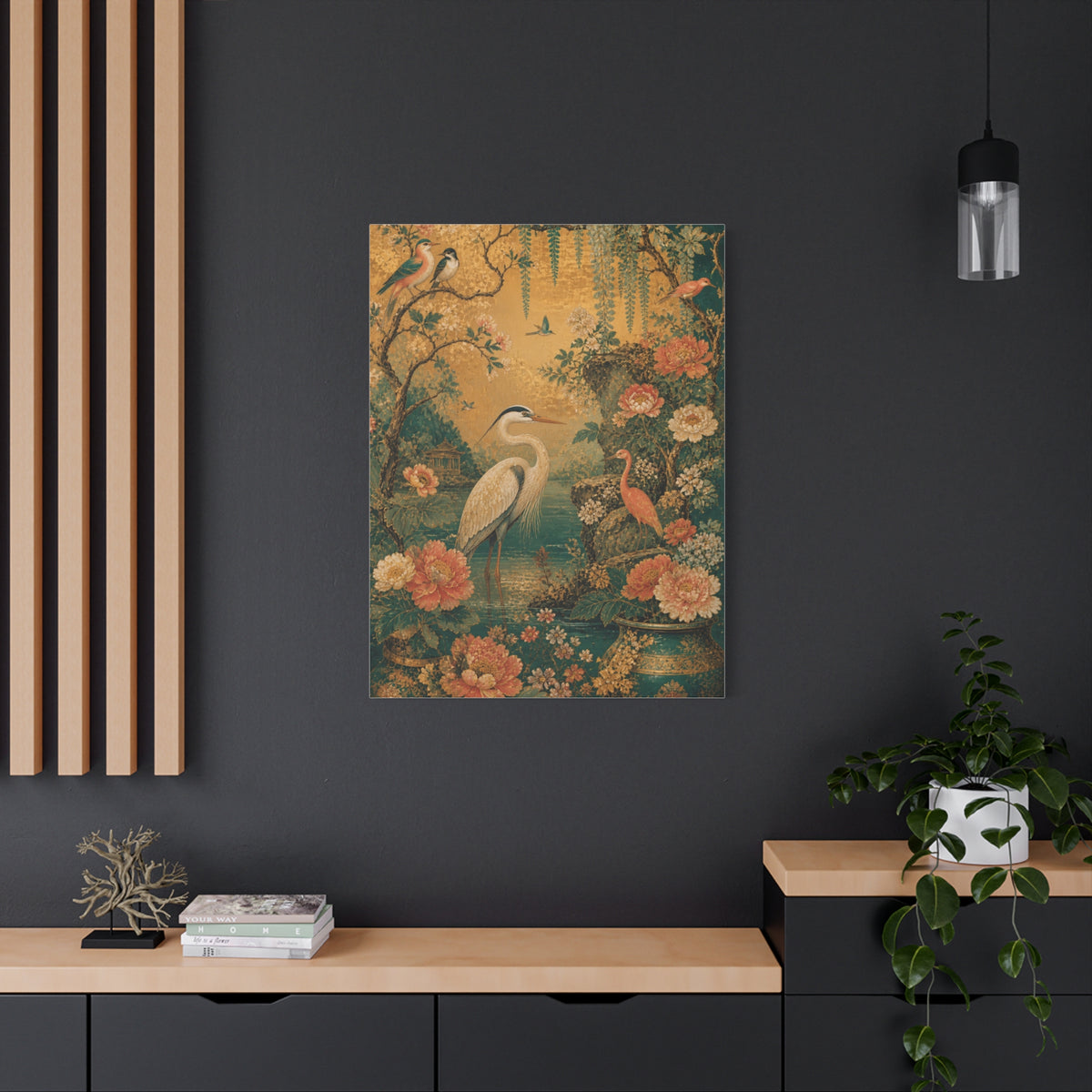 Golden Chinoiserie Garden Scene Wall Art & Canvas Print