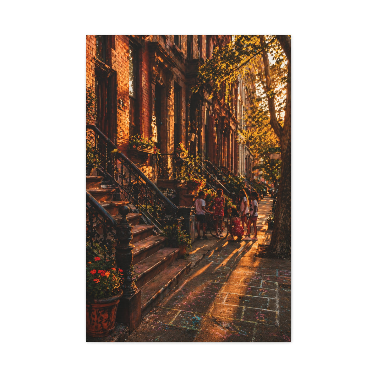 Harlem Brownstone Golden Hour Scene Wall Art & Canvas Print