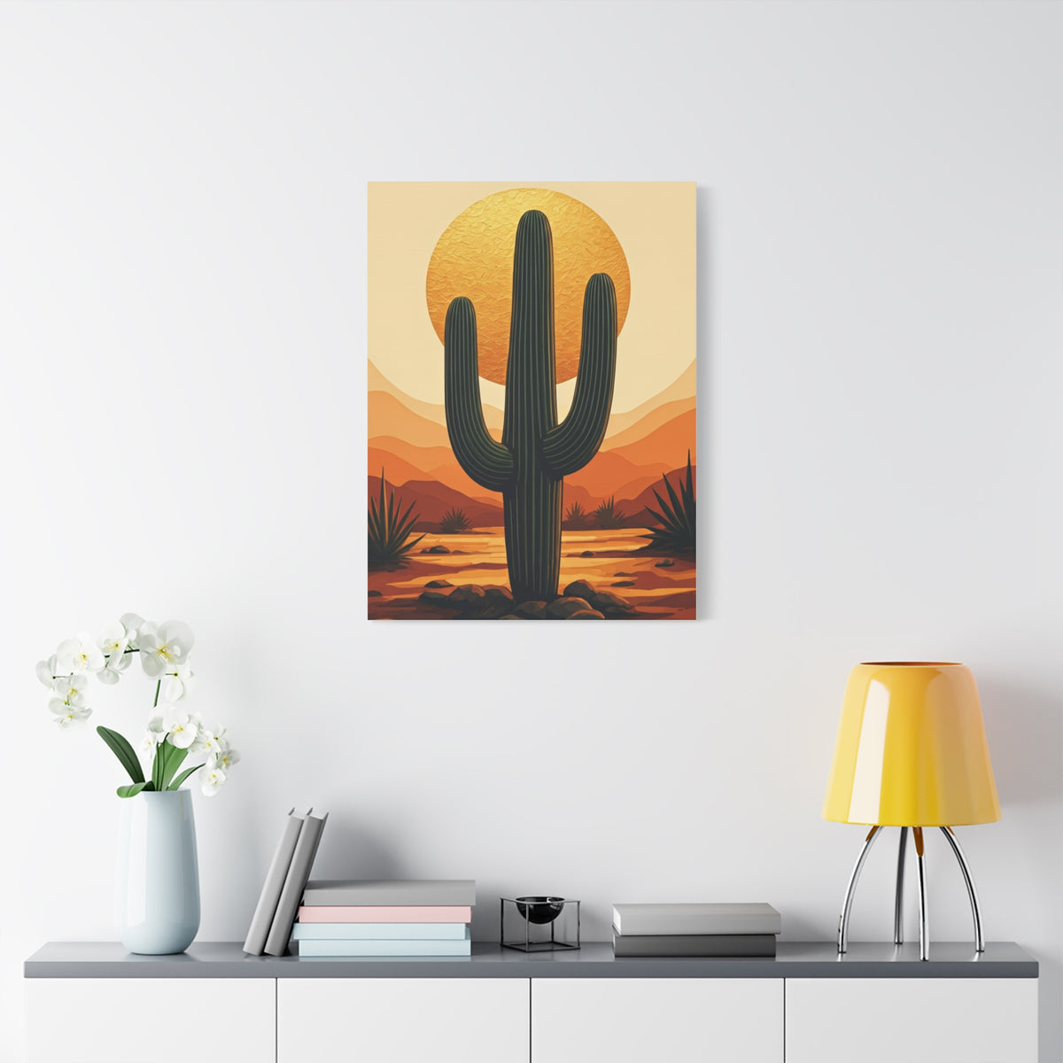 Golden Sun Desert Saguaro Illustration Wall Art & Canvas Prints