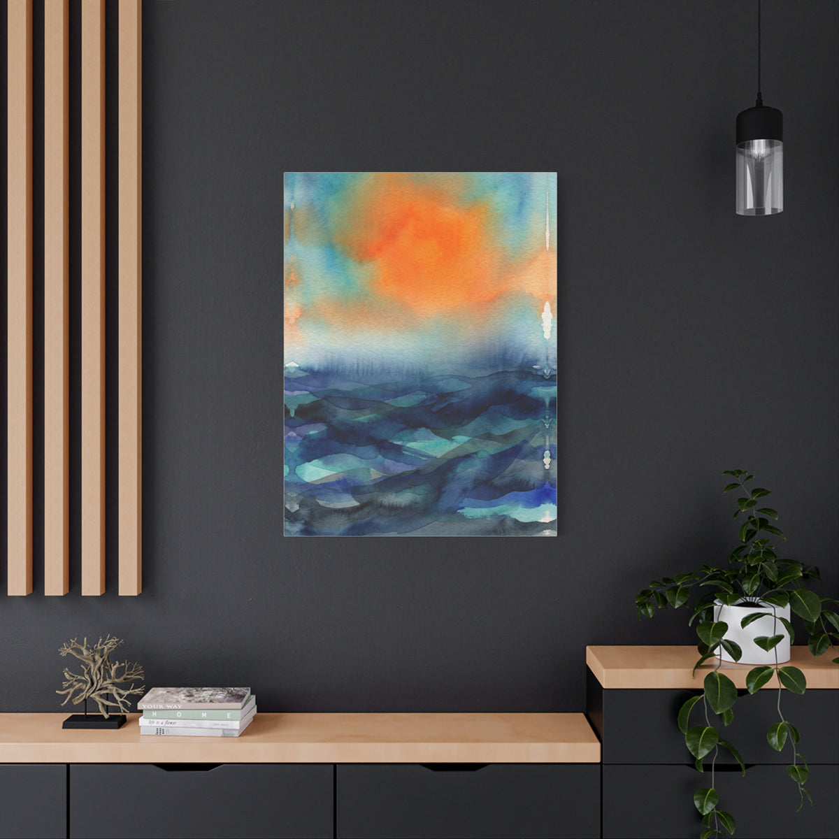 Abstract Orange Sky Over Watercolor Landscape Wall Art & Canvas Print