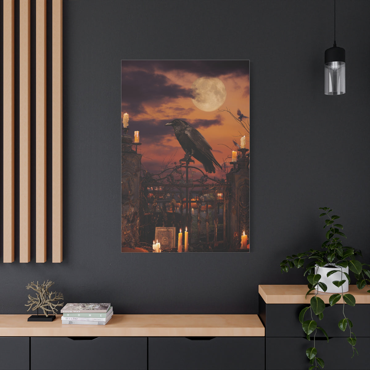Raven on Moonlit Cemetery Gate Wall Art & Canvas Print