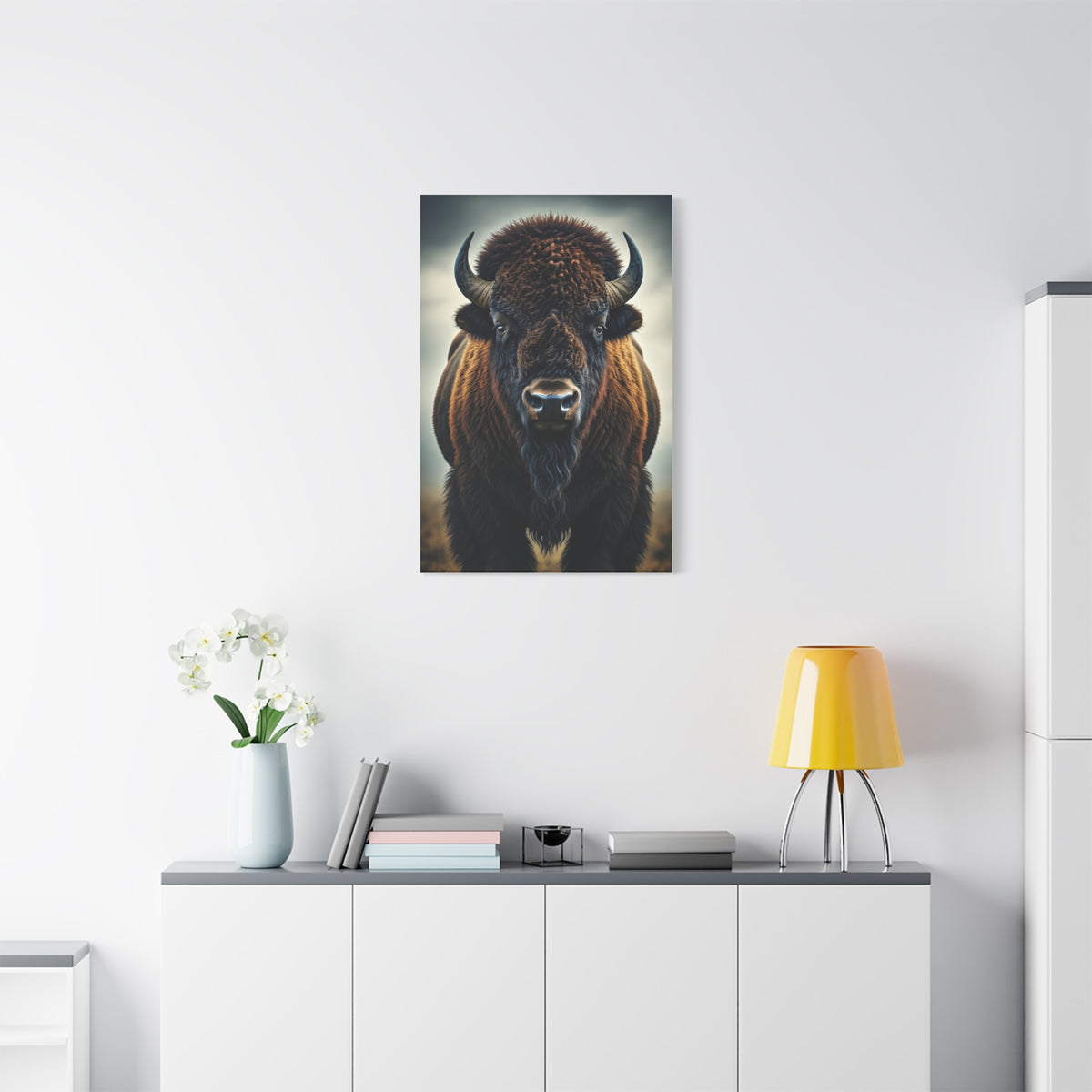 Symmetrical American Bison Portrait with Dramatic Overcast Lighting Wall Art & Canvas Print